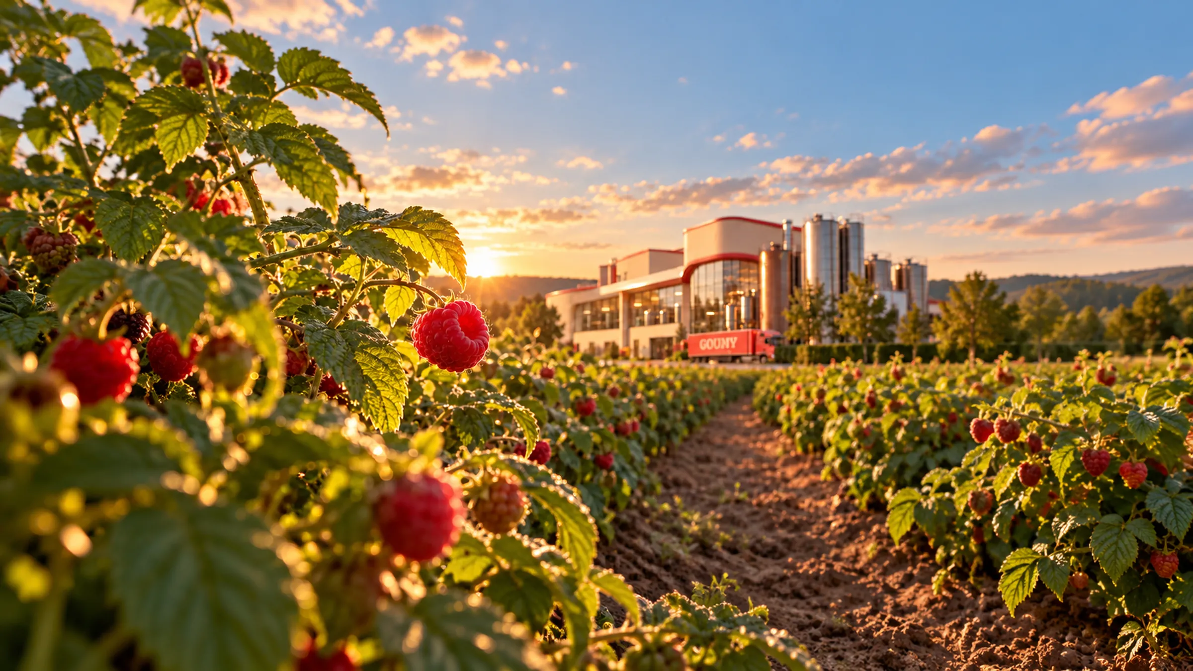 Des framboises mûres sur leurs branches, dans un champ près de l'usine Goumy