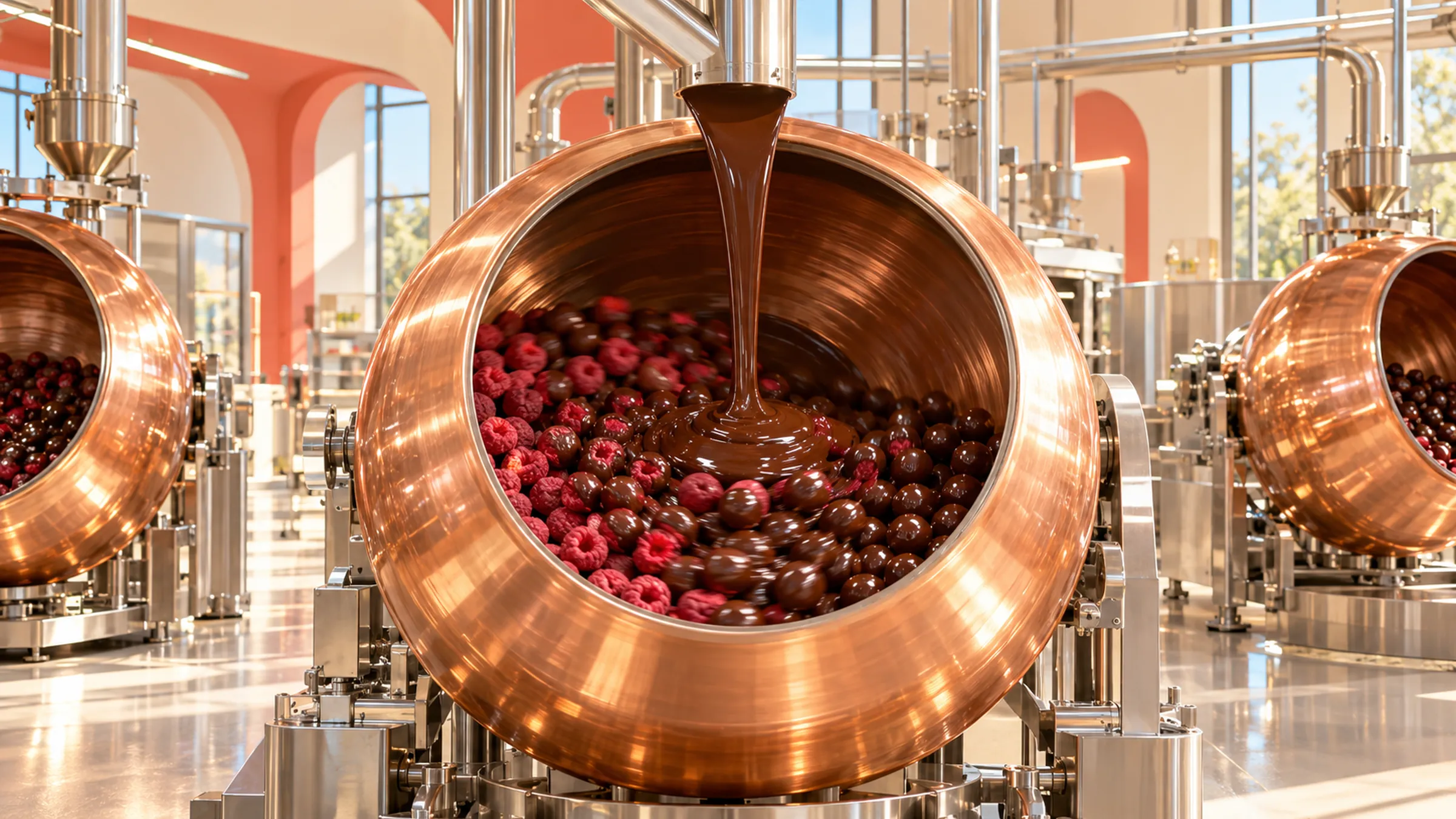 Une turbine en cuivre : le chocolat noir coule sur les fruits