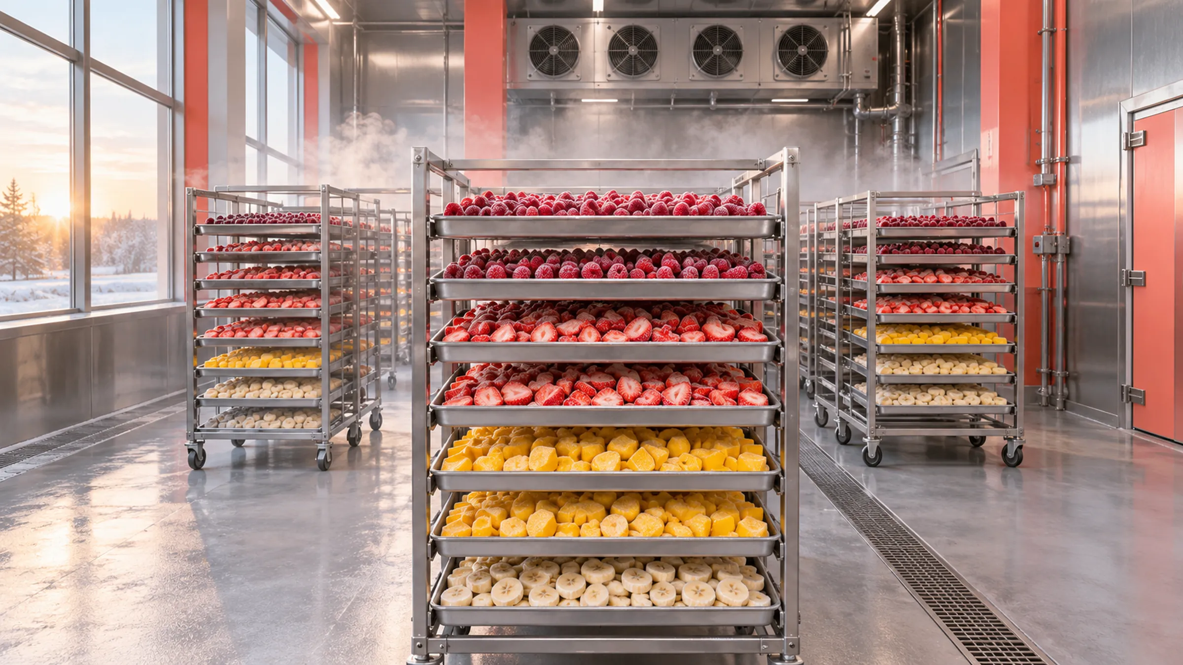 La chambre froide : des chariots de plateaux de fruits givrés