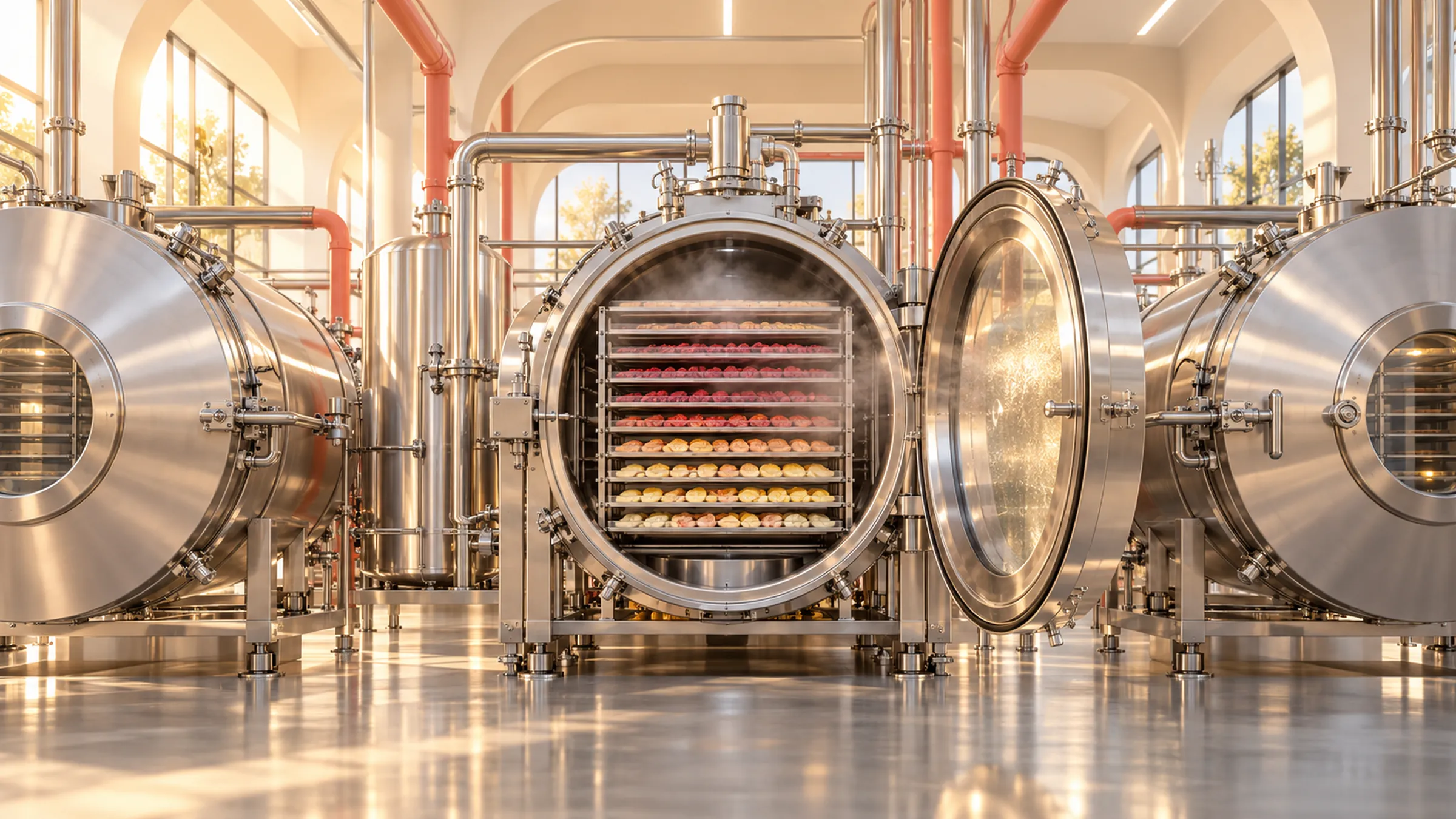 Une chambre de lyophilisation ouverte sur ses plateaux de fruits