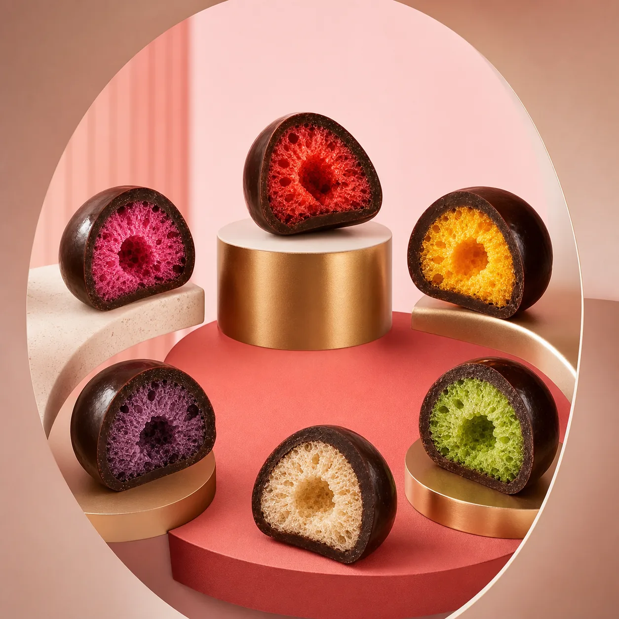 Six Goumys coupés en deux révélant leurs cœurs de fruit lyophilisé : framboise, fraise, mangue, cassis, pistache et vanille