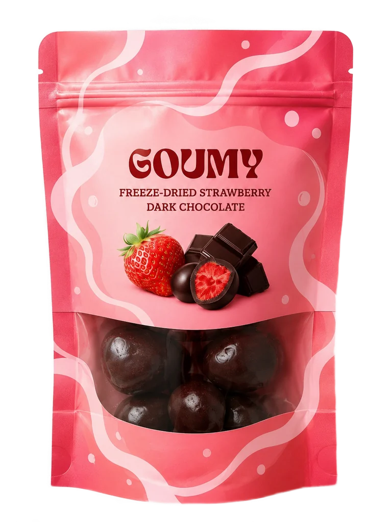Sachet Goumy Fraise — fruit lyophilisé enrobé de chocolat noir